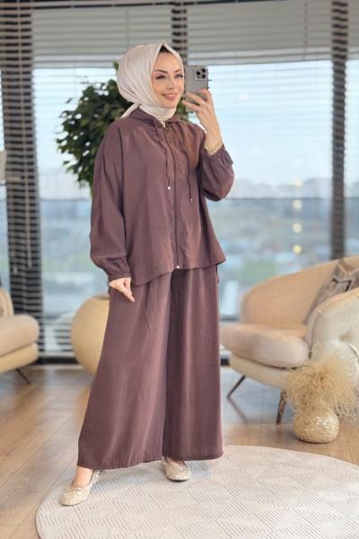 22683 Kapşonlu Ön Fermuarlı Takım Kahve