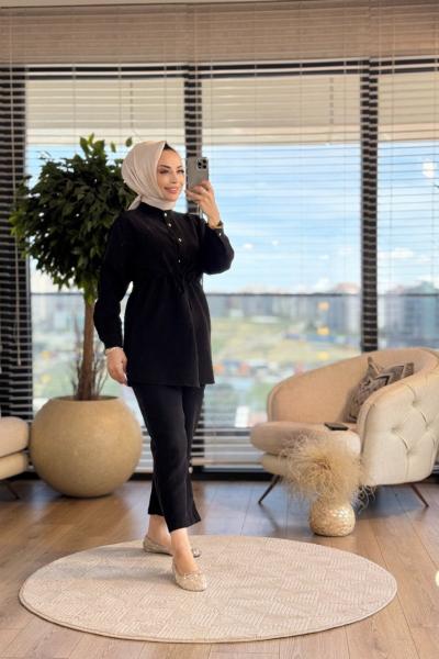 22696 Kendinden Çizgili Beli Bağcıklı Takım Siyah