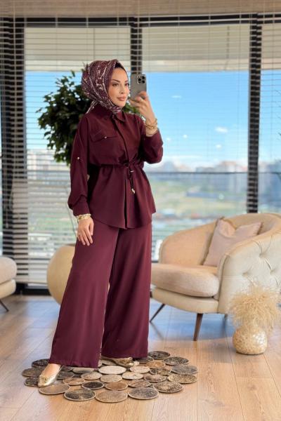 22717 Kol Katlamalı Beli Bağcıklı Takım Bordo