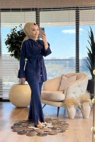 22728 Metal Düğmeli Kalın Manşetli Takım Lacivert