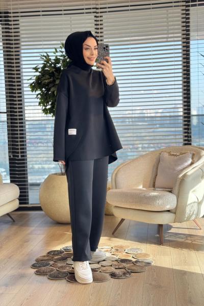 22809 Yanları Parça Ve Etiket Detaylı Takım Siyah
