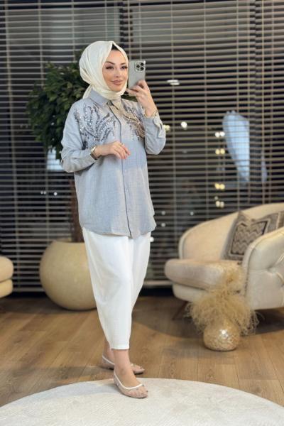 2293 Çift Renk Pul Detaylı Gömlek Gri