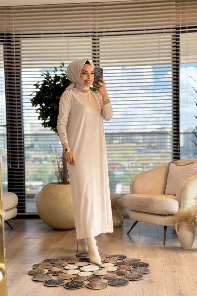 232 Omuzu Apoletli Triko Elbise Bej