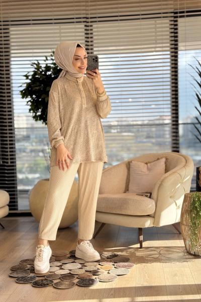 2356 Üst Varak Baskılı Triko Pantolon Takım Bej