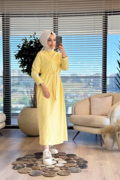 2400 Kolu Etiket Detaylı Elbise Sarı