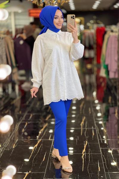 24017 Fisto Üstü İnci İşli Tunik Ekru