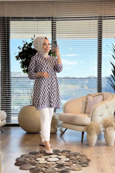 24053 Leopar Ve G Desenli Düğmeli Tunik Lila