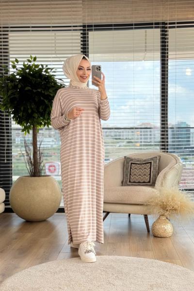 24121 Penye Enine Kalın Çizgili Elbise Bej