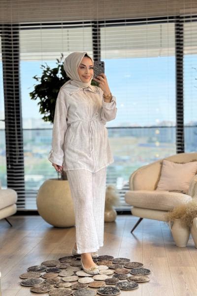 24137 Batık Gofre Ön Fermuarlı Ceket Ekru