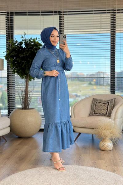 2418 Kot Kemerli Elbise Mavi