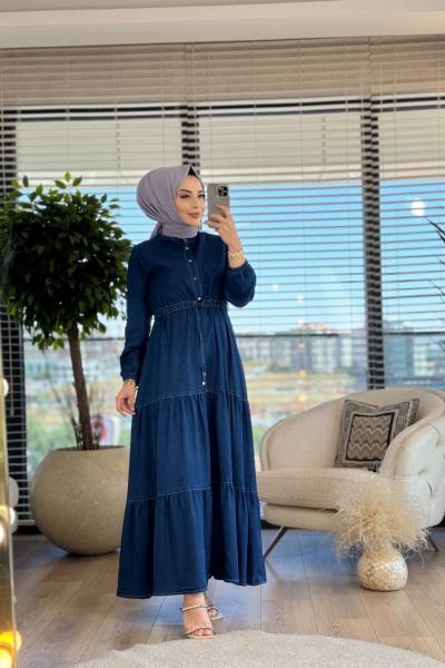 2421 Çift Büzgülü Tencel Elbise Lacivert
