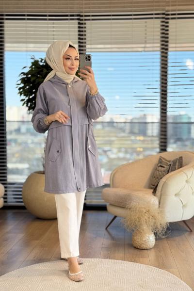 24215 Gofre Bel Parçalı Fermuarlı Kapşonlu Kap Gri