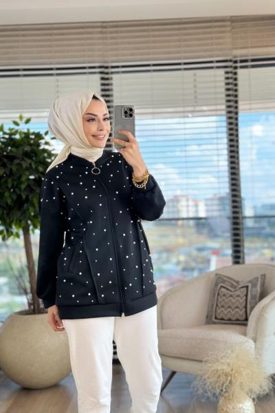 24335 Scuba Ön İnci İşli Fermuarlı Hırka Siyah