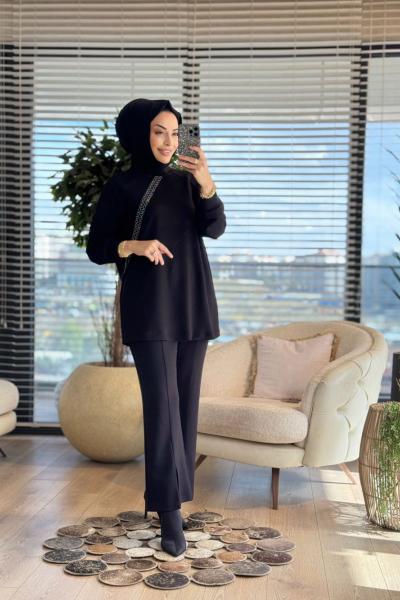 2425 Ön File Ve Taş Detaylı Takım Siyah