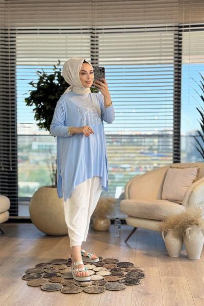 24277 Önü Taş Yazılı Tunik Mavi