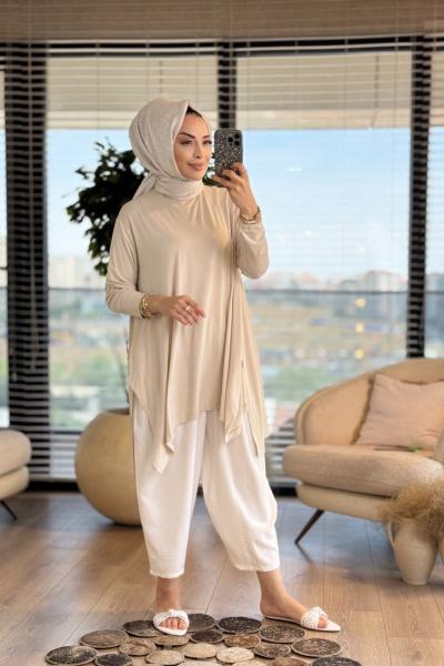 24278 Yanları Yırtmaçlı Penye Tunik Bej