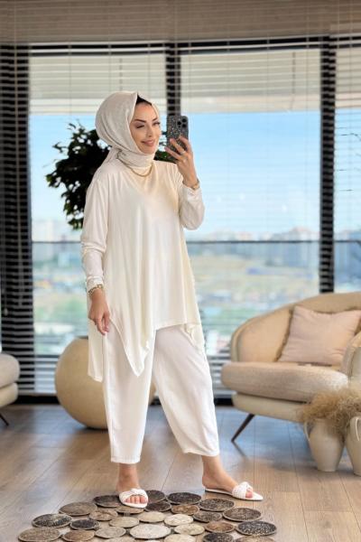 24278 Yanları Yırtmaçlı Penye Tunik Ekru