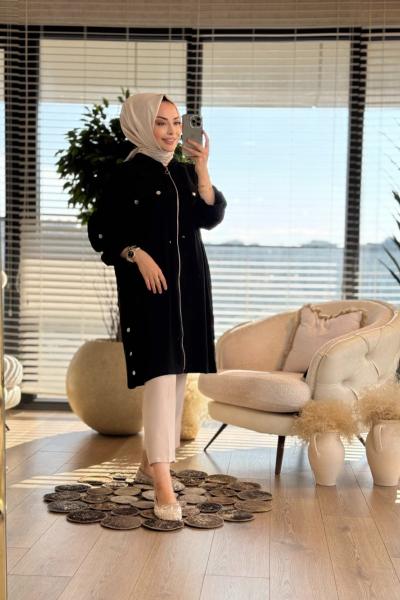 24306 Cebi Çıtçıtlı Kapşonlu Fermuarlı Kap Siyah
