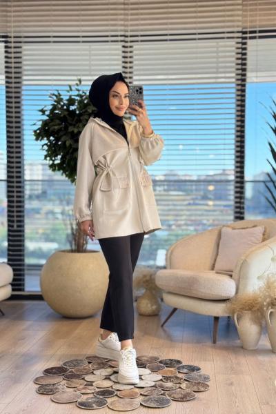 24339 Ön File Parçalı Kapşonlu Kap Bej
