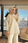 24349 Yanları Düğmeli Simli Triko Takım Bej
