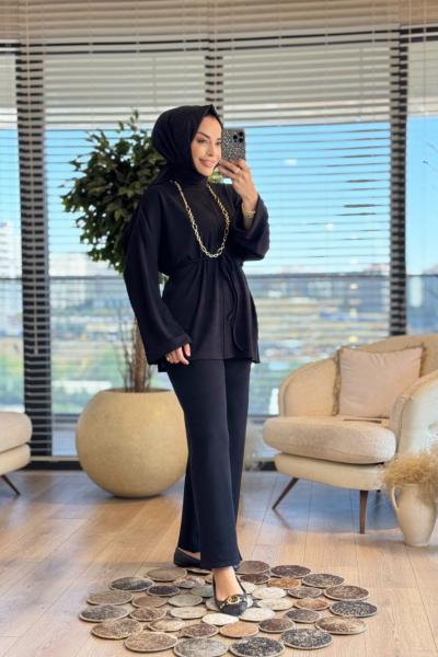 24357 Kendinden Çizgili Kolu Katlamalı Tunik Siyah