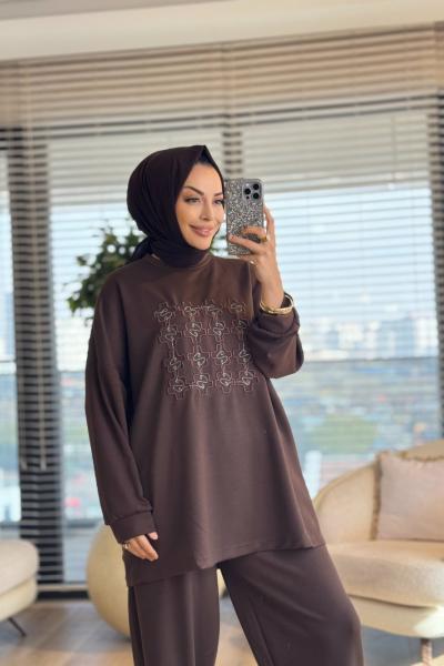 24360 Önü Nakış Detaylı Tunik Kahve