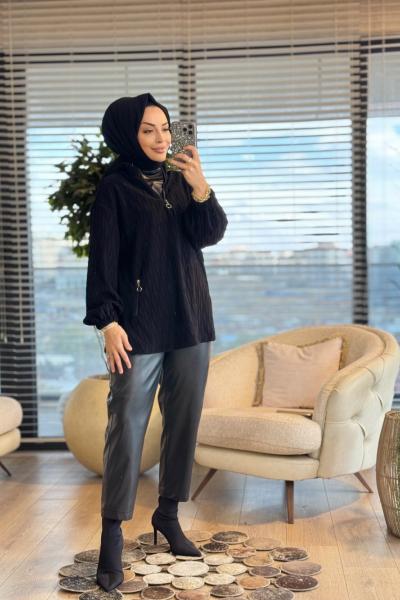2441 Üst Saçörgülü Bluz Deri Pantolonlu Takım Siyah