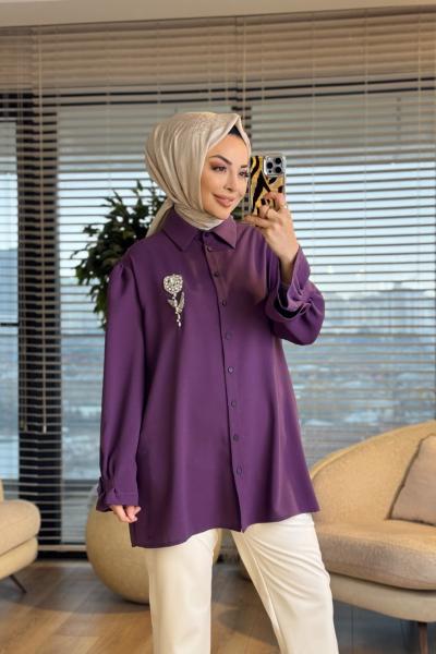 24550 Taş Lale İşlemeli Kolu Manşetli Gömlek Leylak