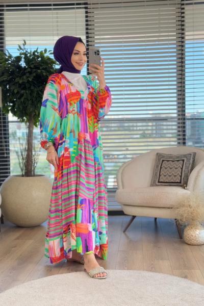 25EL045 Desenli V Yaka Elbise Ekru