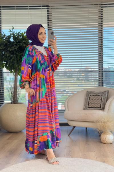 25EL045 Desenli V Yaka Elbise Mor