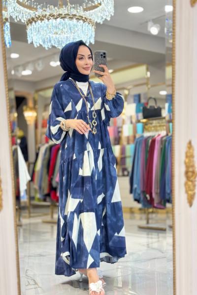 24EL240 Karışık Geometrik Desenli Elbise Lacivert