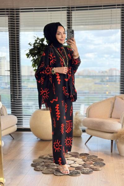 24TK170 Güneş Ve Zikzak Desenli Takım Siyah Oranj