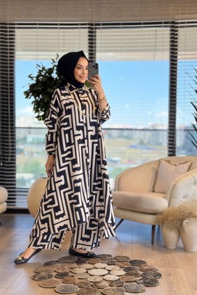 24TK480 Geometrik Desen Uzun Tunik Takım Siyah