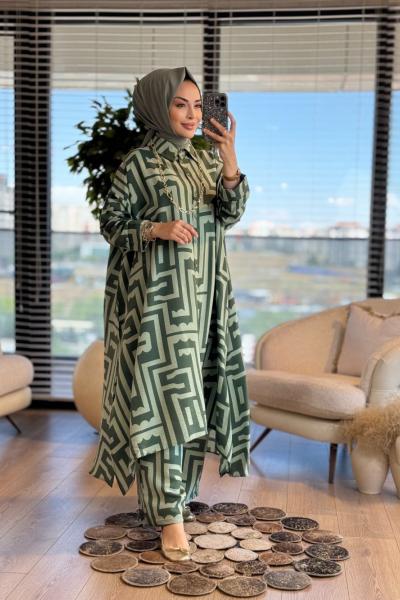 24TK480 Geometrik Desen Uzun Tunik Takım Haki