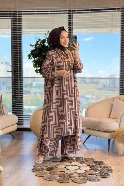 24TK480 Geometrik Desen Uzun Tunik Takım Kahve