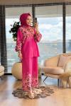 24TK484 Yaka Kol Ve Paçası Desenli Takım Fuşya