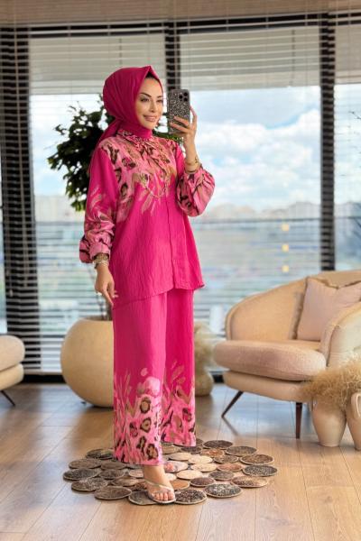 24TK484 Yaka Kol Ve Paçası Desenli Takım Fuşya