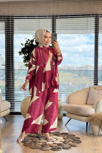 24TK517 Karışık Geometrik Desen Takım Bordo