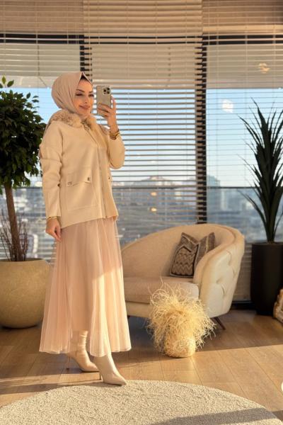 24W2066 Solstice Kapş.Kürklü Hırka Ekru