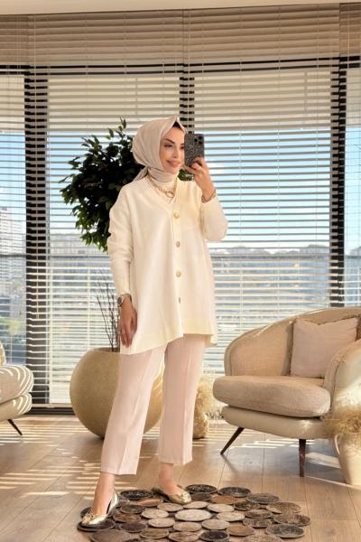 25014 Angora Metal Düğmeli V Yaka Hırka Ekru