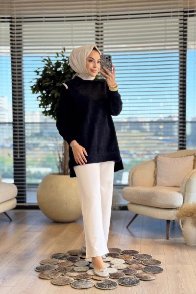 25036 Angora Omuzları Taşlı Tunik Siyah