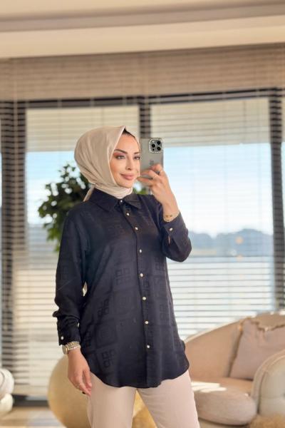 25078 Kendinden Kare Desenli Gömlek Siyah