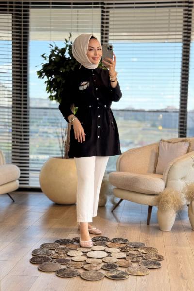 25086 Göz Boncuk Broşlu Beli Bağcıklı Gömlek Siyah