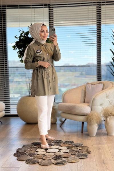 25086 Göz Boncuk Broşlu Beli Bağcıklı Gömlek Haki