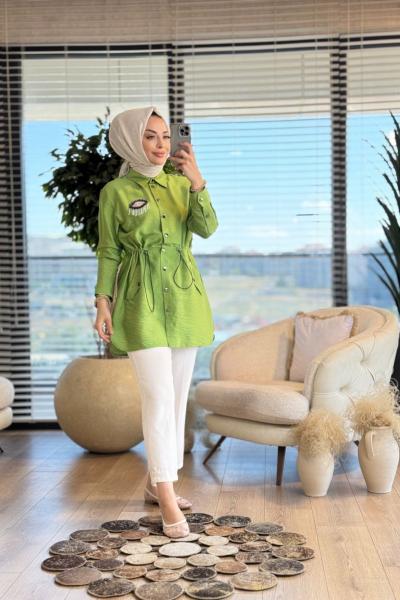 25086 Göz Boncuk Broşlu Beli Bağcıklı Gömlek Yeşil