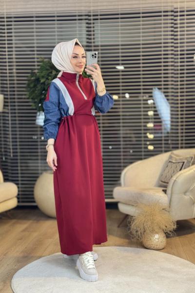 25111 Omuzlar Renkli Parçalı Elbise Bordo