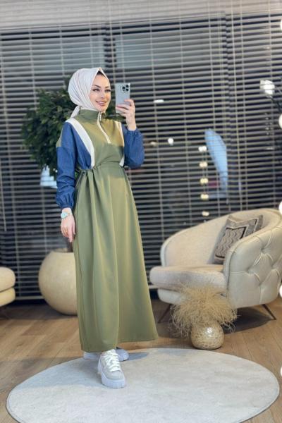 25111 Omuzlar Renkli Parçalı Elbise Haki