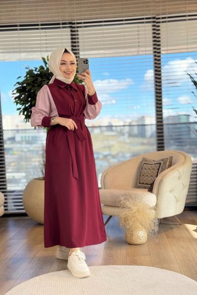 25114 Kolları Çizgili Elbise Bordo