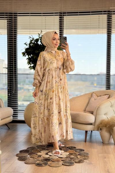 2512-2 Zeytin Dalı Desenli Elbise Yağ Yeşili