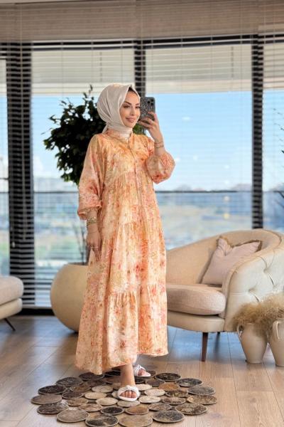 2512-3 Batık Çiçek Desenli Elbise Pudra